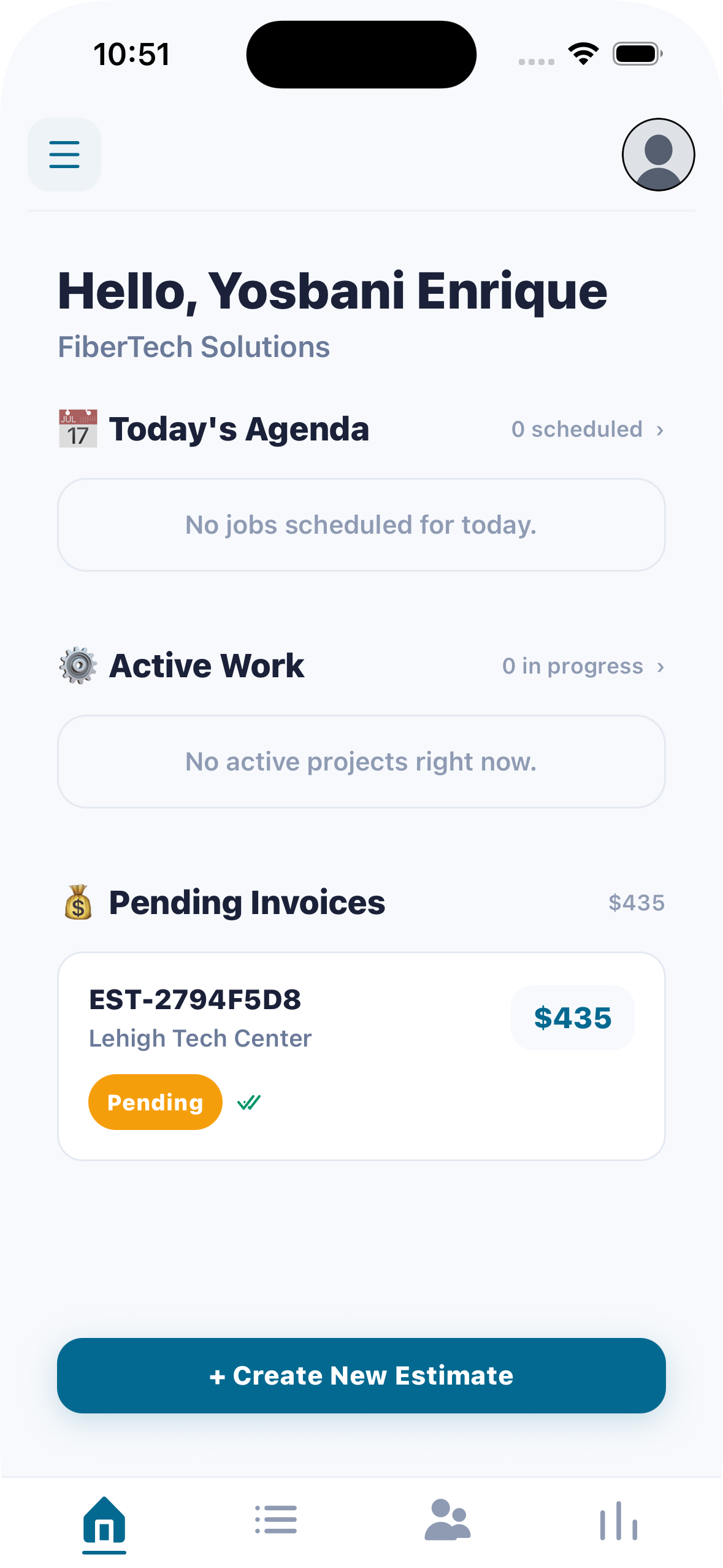 The TrackLobo app home screen showing today's agenda, active work, and pending invoices